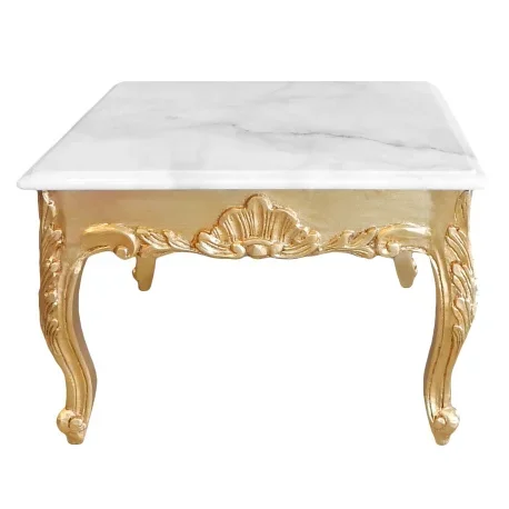 Table basse carrée de style baroque avec bois doré et marbre blanc