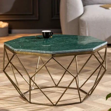 Table basse « Diamo » octogonale plateau marbre vert et métal couleur laiton