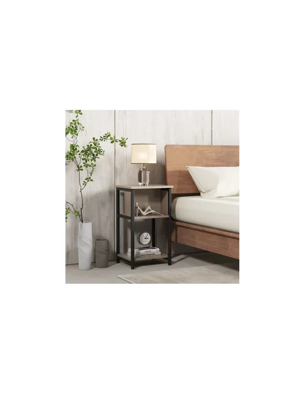 Table de Chevet 3 Niveaux avec Étagères de Rangement Gris Chêne