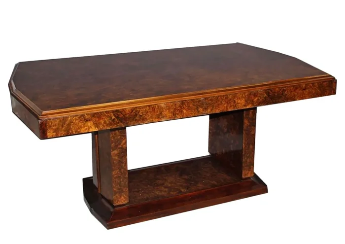 Table de salle à manger d’époque Art Déco en acajou et loupe d’orme vers 1930