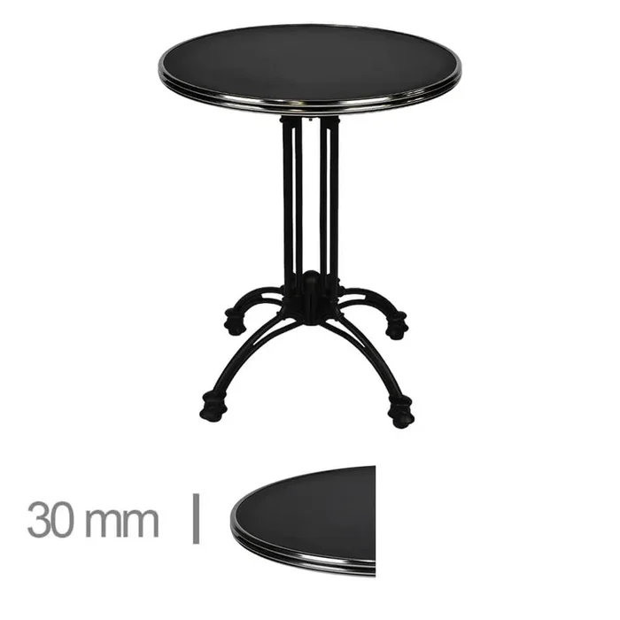 Table De Terrasse Ronde Avec Cerclage Chrome Pour Café, Restaurant Et Horeca – Werzalit Noir – 70 Cm