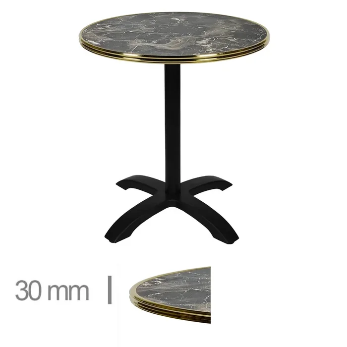 Table De Terrasse Ronde Pliable Avec Cerclage Laiton Pour Café, Restaurant Et Horeca – Werzalit Brownie Marble – 70 Cm
