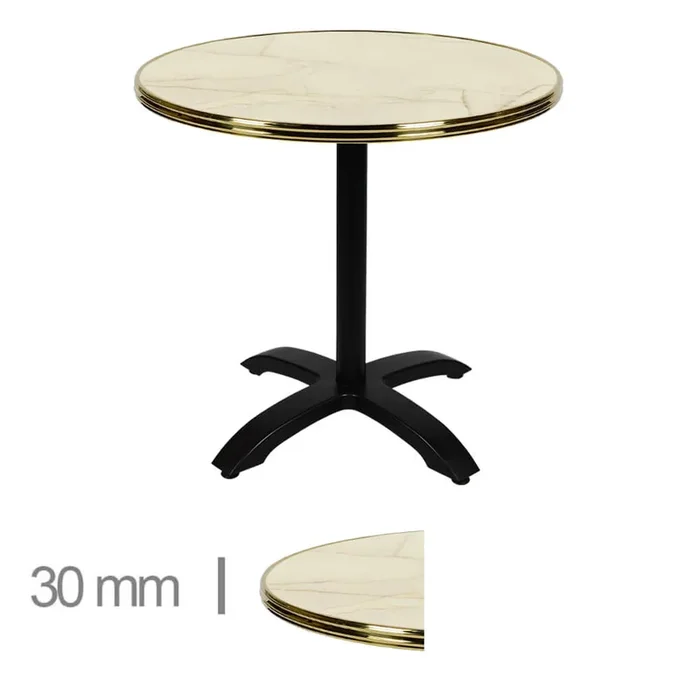 Table De Terrasse Ronde Pliable Avec Cerclage Laiton Pour Café, Restaurant Et Horeca – Werzalit Golden Marble – 60 Cm