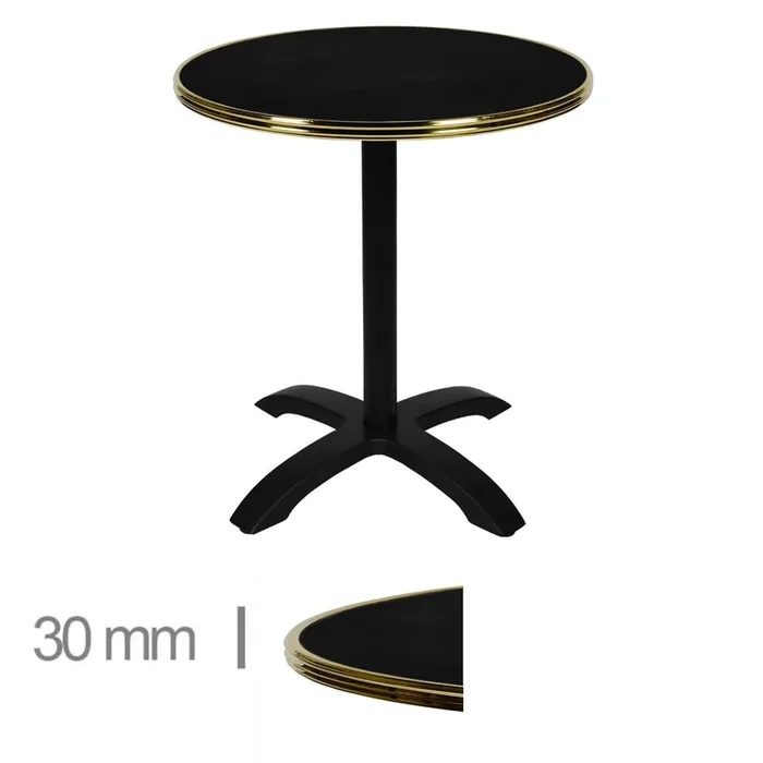 Table De Terrasse Ronde Pliable Avec Cerclage Laiton Pour Café, Restaurant Et Horeca – Werzalit Noir – 60 Cm