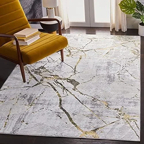 Tapis Contemporain pour Salon, Salle à Manger, Chambre à Coucher – Amelia Collection, Tapis à Poil Court, Gris et Or, 91 x 152 cm