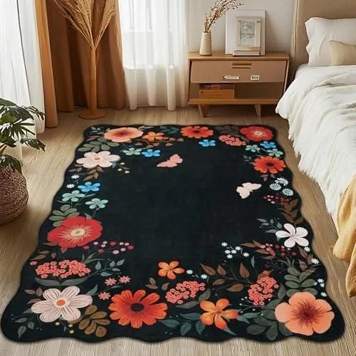 Tapis de Sol pour Salon 152x213cm, Faux Laine Doux Anti-Dérapant Bords en Vague Papillons & Fleurs Basse Hauteur Lavable, Tapis de Sol Salle à Manger Noir