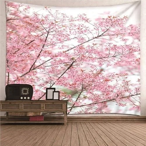Tenture Murale Fleurs de Cerisier Tapisserie Murale Fleurs de Printemps 300×220 cm Tissu Mural Wall Art Tapestry Décoration Poster pour Chambre Salon