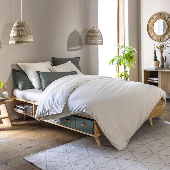 Terre De Nuit – Lit en bois massif naturel avec rangements 140×190 – LT17024