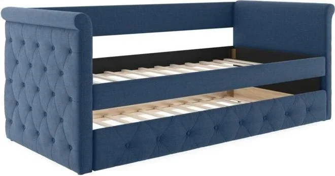 Vente-unique – Lit banquette gigogne capitonné louise – 2x90x190cm – tissu bleu